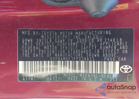 2023 Toyota Corolla Le z USA, uszkodzony, nr VIN 5YFB4MDE1PP038833